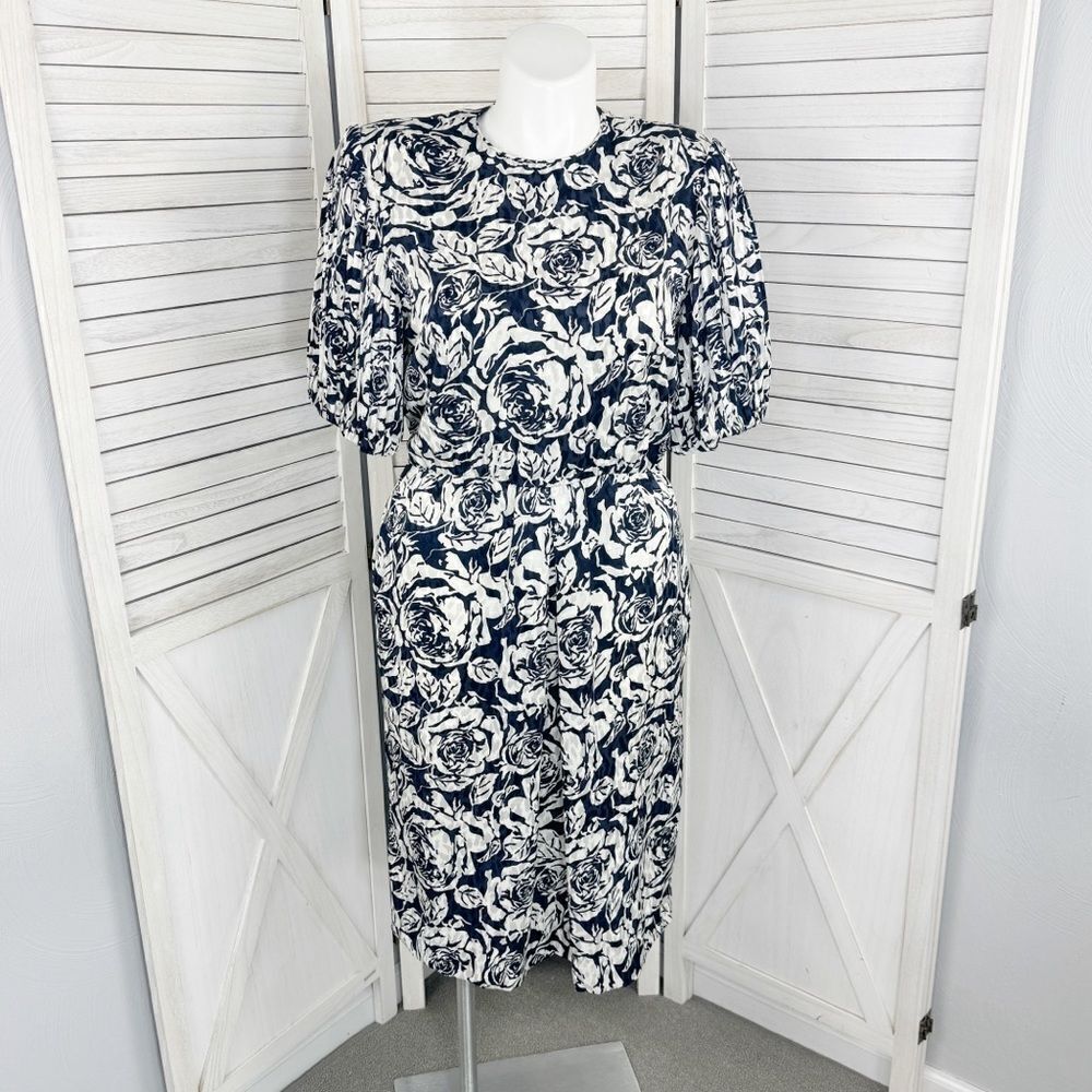 Vintage Henry Lee Floral Satin‎ Jacquard Pleated Puff Sleeve Dress Blue White 12